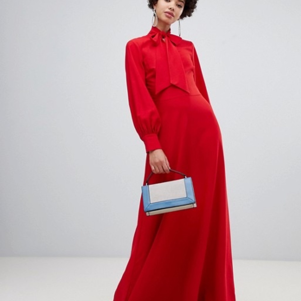 - Warehouse Pussybow neck tie Maxi Dress Red Asos